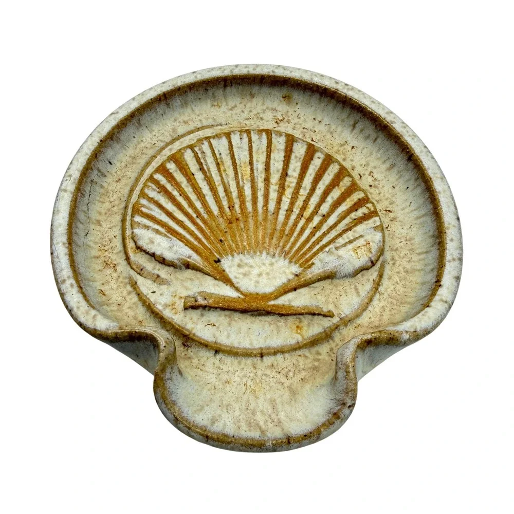 Studio Pottery Seashell Spoon Rest Signed RL Stoneware Scallop Shell Coastal